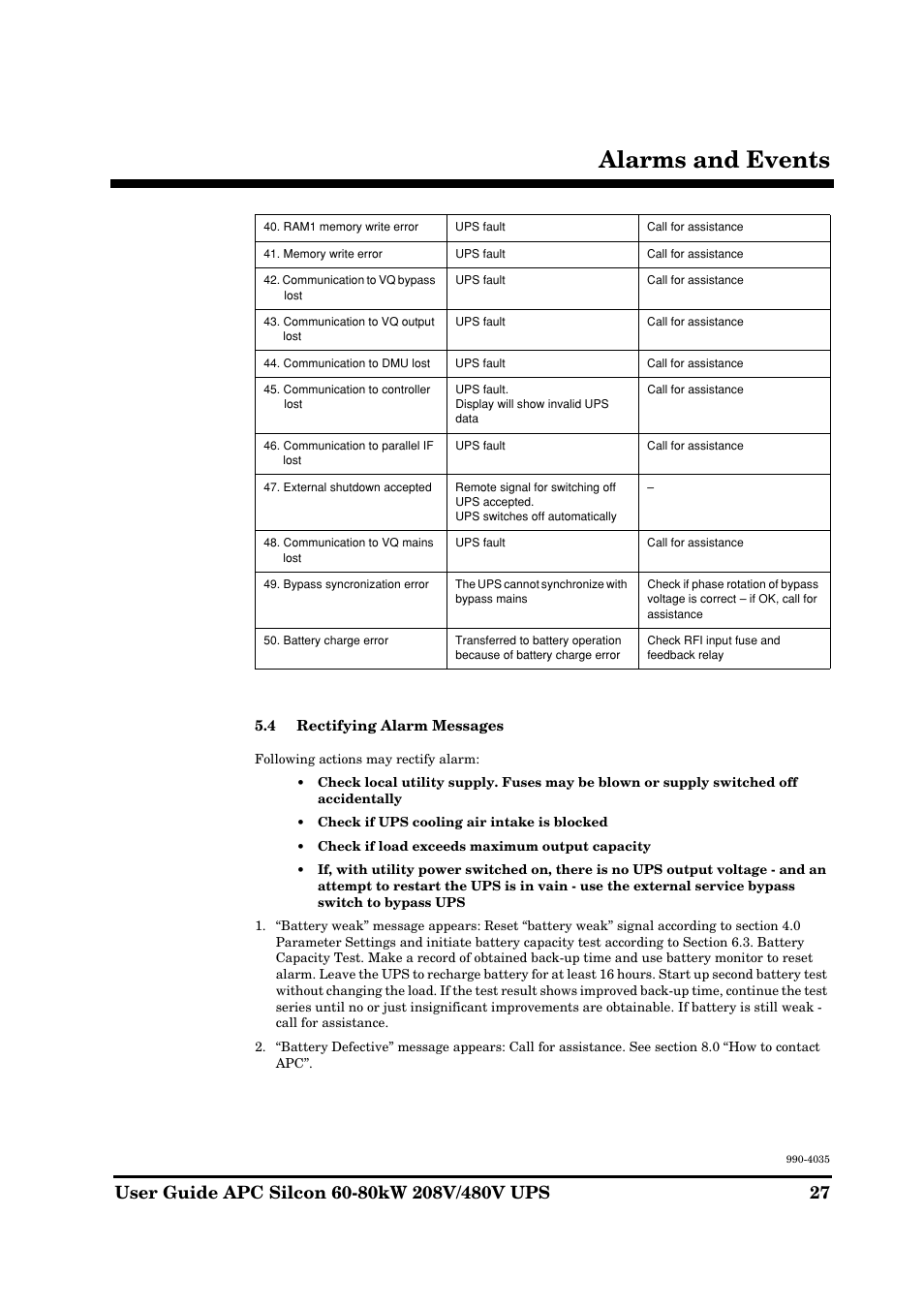 Alarms and events | APC SILCON 60-80KW 208/480V UPS User Manual | Page 27 / 34