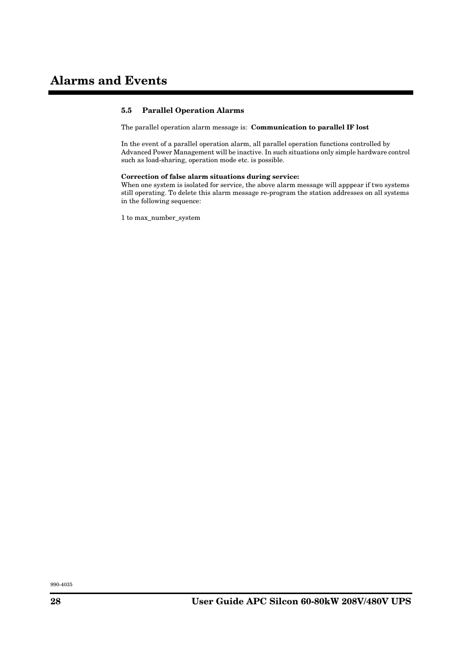 Alarms and events | APC SILCON 60-80KW 208/480V UPS User Manual | Page 28 / 34