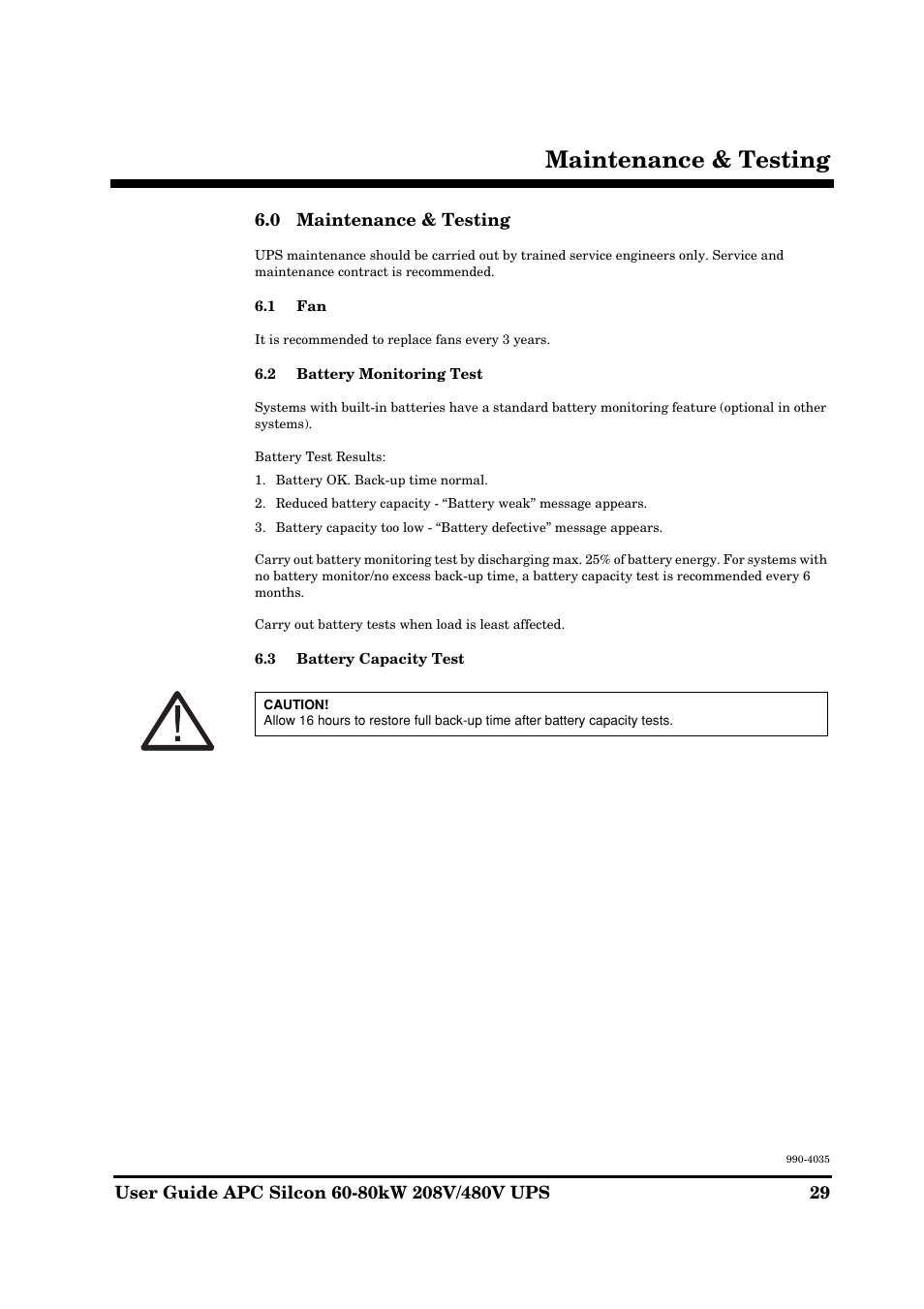 Maintenance & testing | APC SILCON 60-80KW 208/480V UPS User Manual | Page 29 / 34