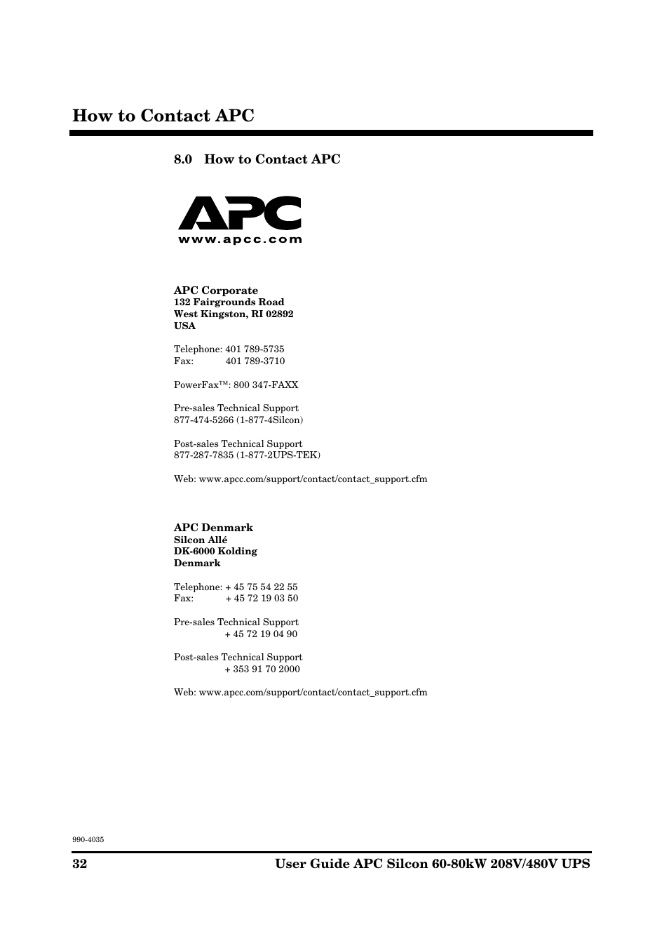 How to contact apc, 0 how to contact apc | APC SILCON 60-80KW 208/480V UPS User Manual | Page 32 / 34