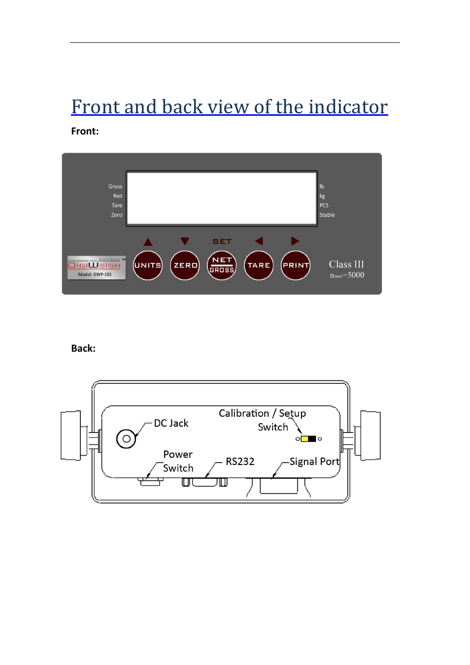 Chapter 3 indicator, Front and back view of the indicator | DIGIWEIGH DWP-10000F Series User Manual | Page 6 / 21