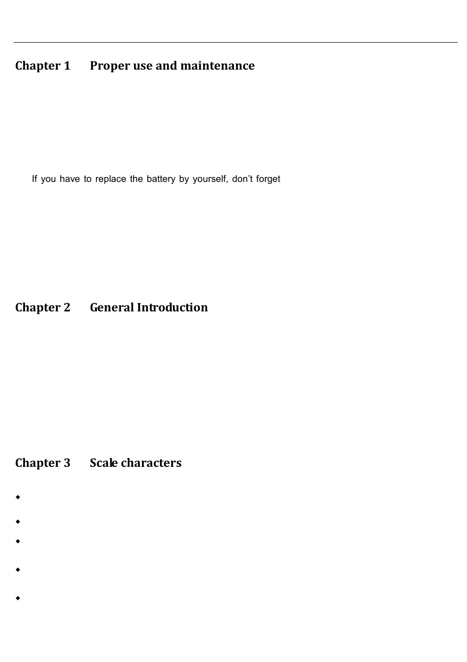 Chapter 1 proper use and maintenance, Chapter 2 general introduction, Chapter 3 scale characters | DIGIWEIGH DWP-C2X User Manual | Page 4 / 13
