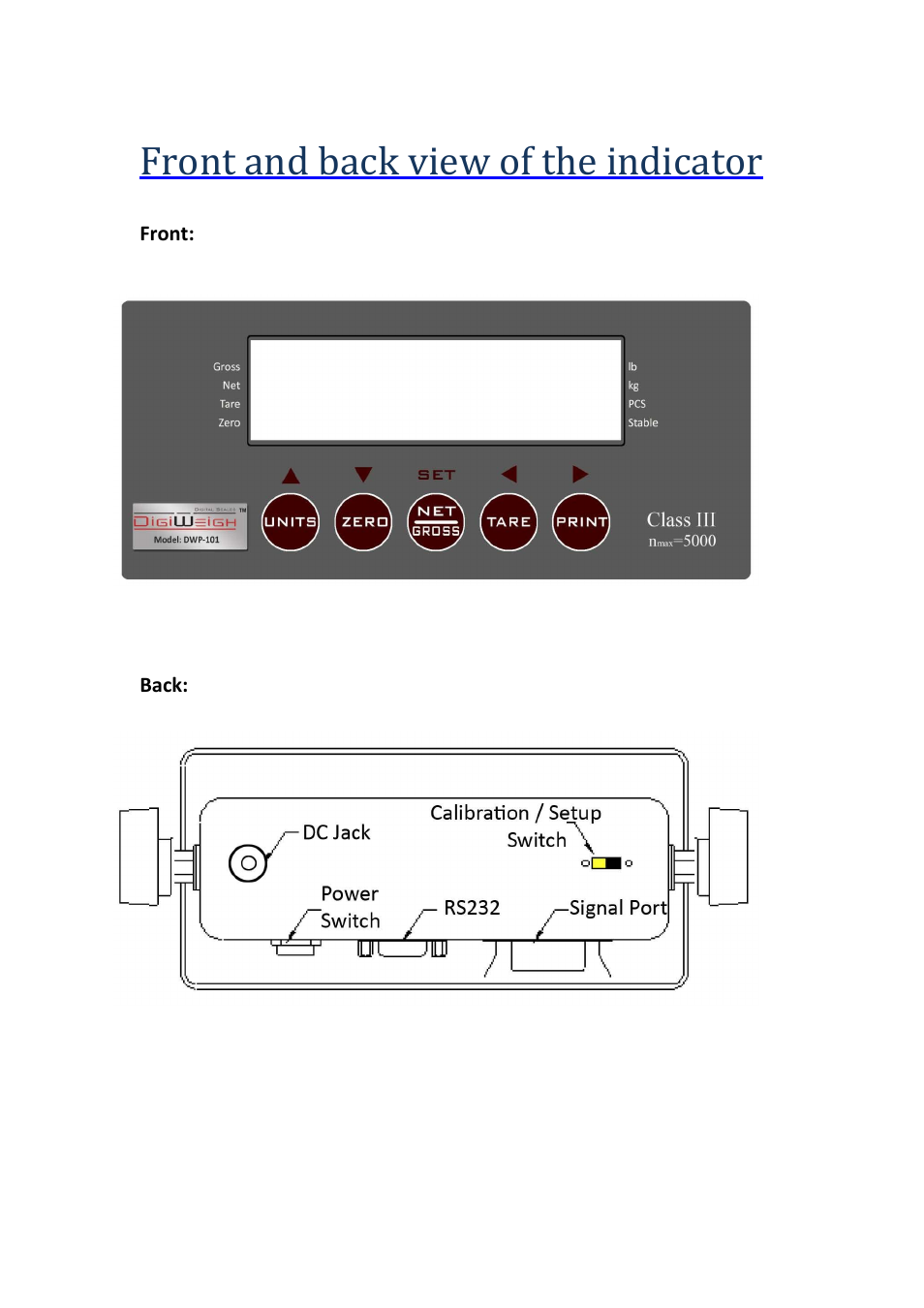 Front and back view of the indicator | DIGIWEIGH DWP-101B User Manual | Page 2 / 17