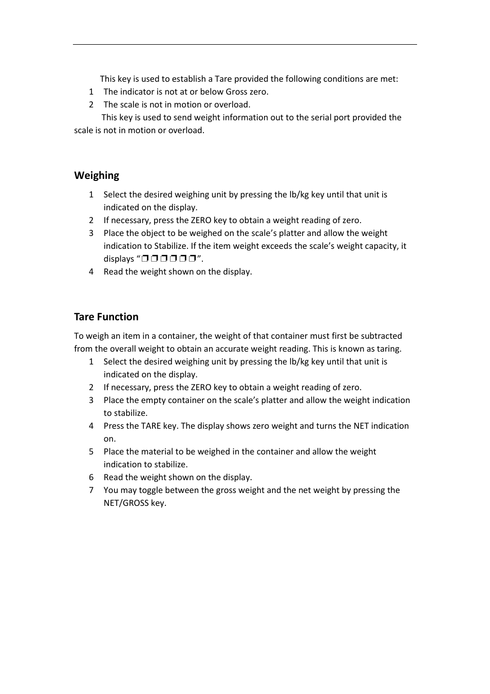 Weighing, Tare function | DIGIWEIGH DWP-L Series User Manual | Page 20 / 21