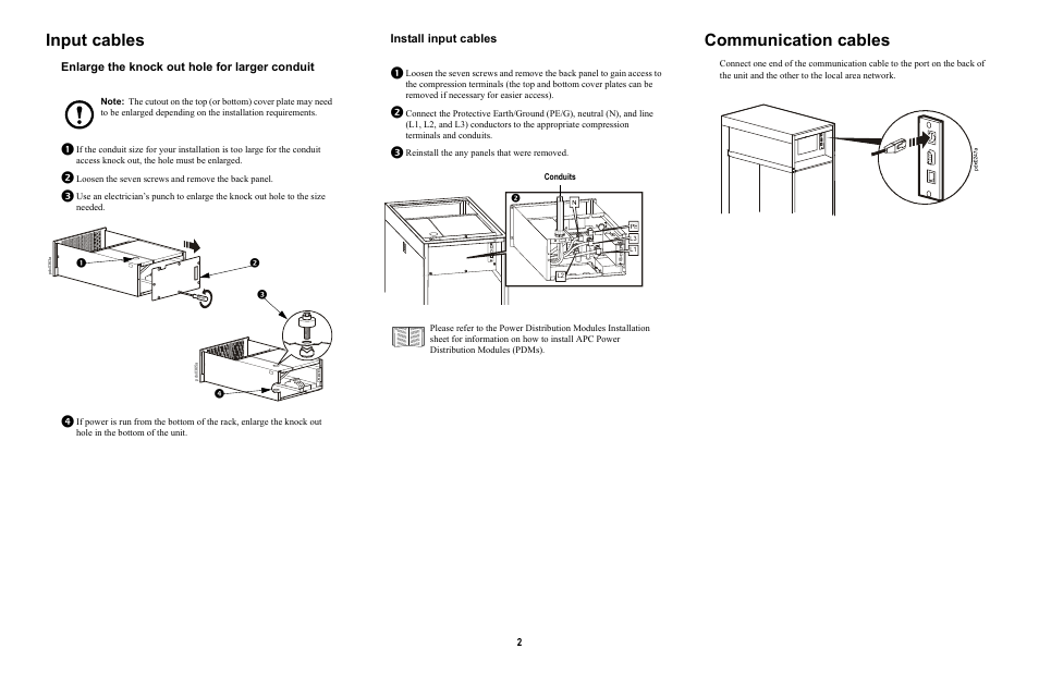 Input cables, Communication cables, Enlarge the knock out hole for larger conduit | Install input cables | APC MODULAR RACK-MOUNT POWER 990-3051C-001 User Manual | Page 2 / 4