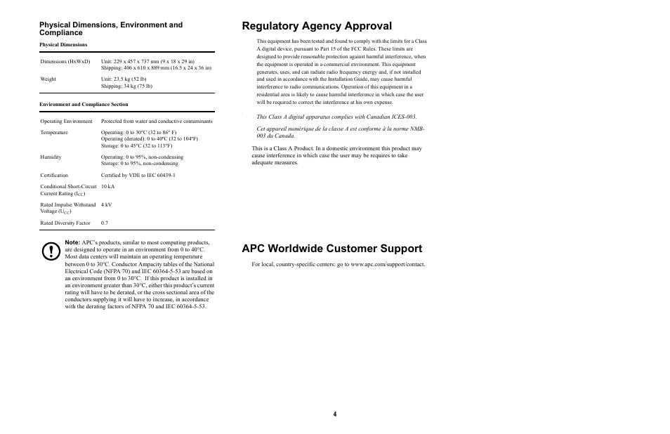 Regulatory agency approval, Apc worldwide customer support, Physical dimensions, environment and compliance | APC MODULAR RACK-MOUNT POWER 990-3051C-001 User Manual | Page 4 / 4