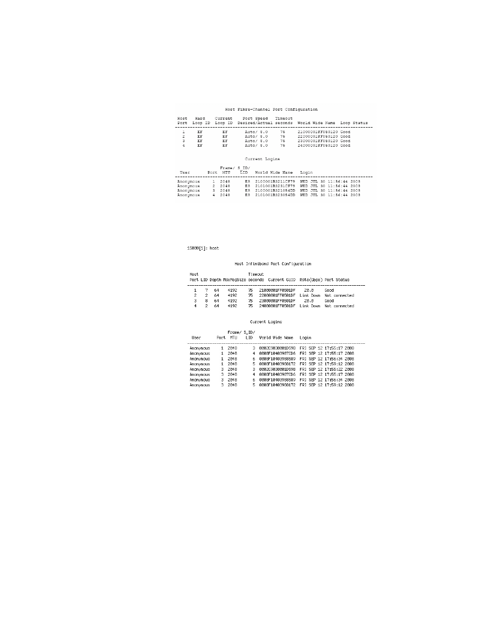 Figure 3-5 fc host ports configuration screen, Figure 3-6 ib host ports configuration screen, 1 host id | Host wwn, 2 host status | APC SGI 15000 RAID User Manual | Page 47 / 152