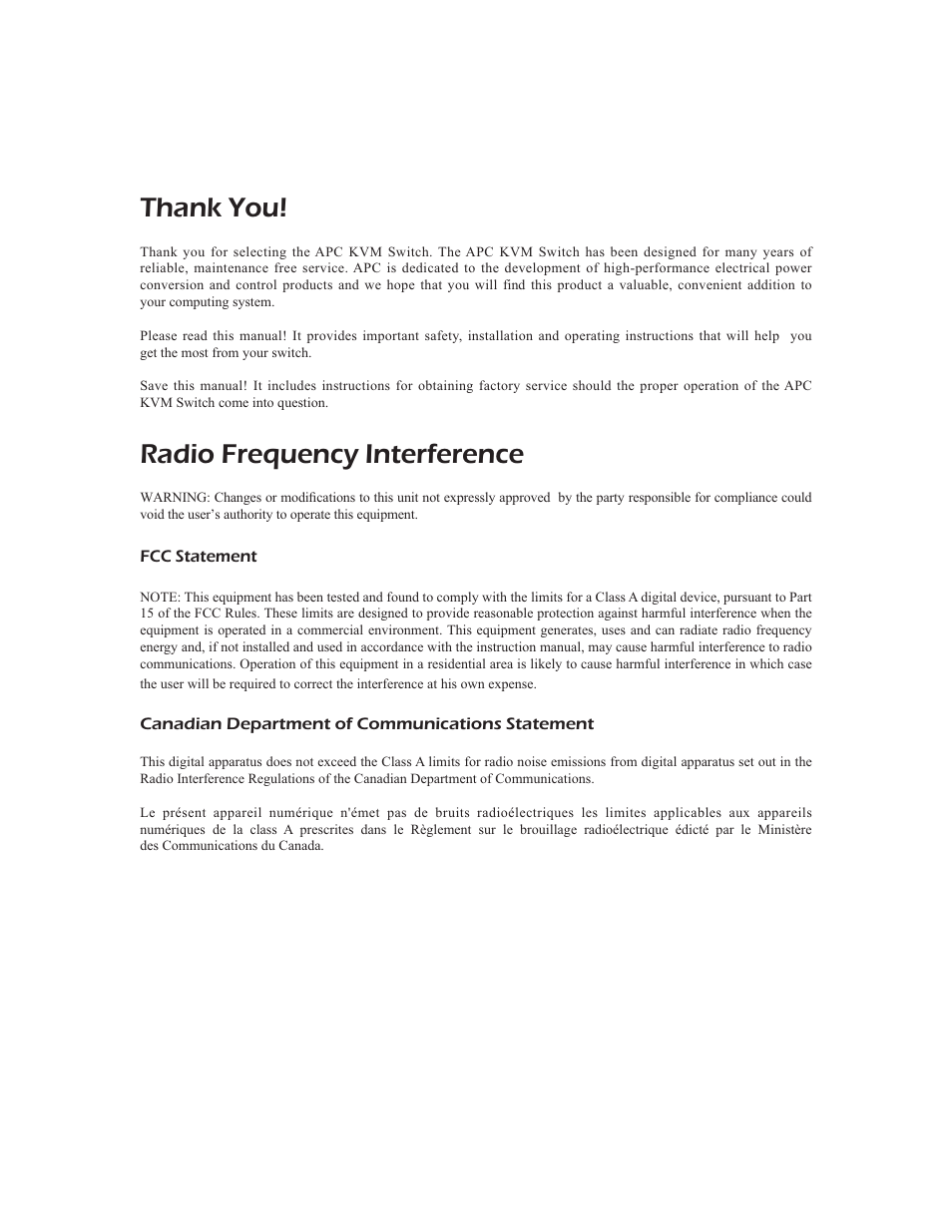 Radio frequency interference | APC AP9268 User Manual | Page 2 / 49