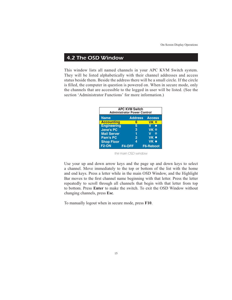 2 the osd window | APC AP9268 User Manual | Page 20 / 49