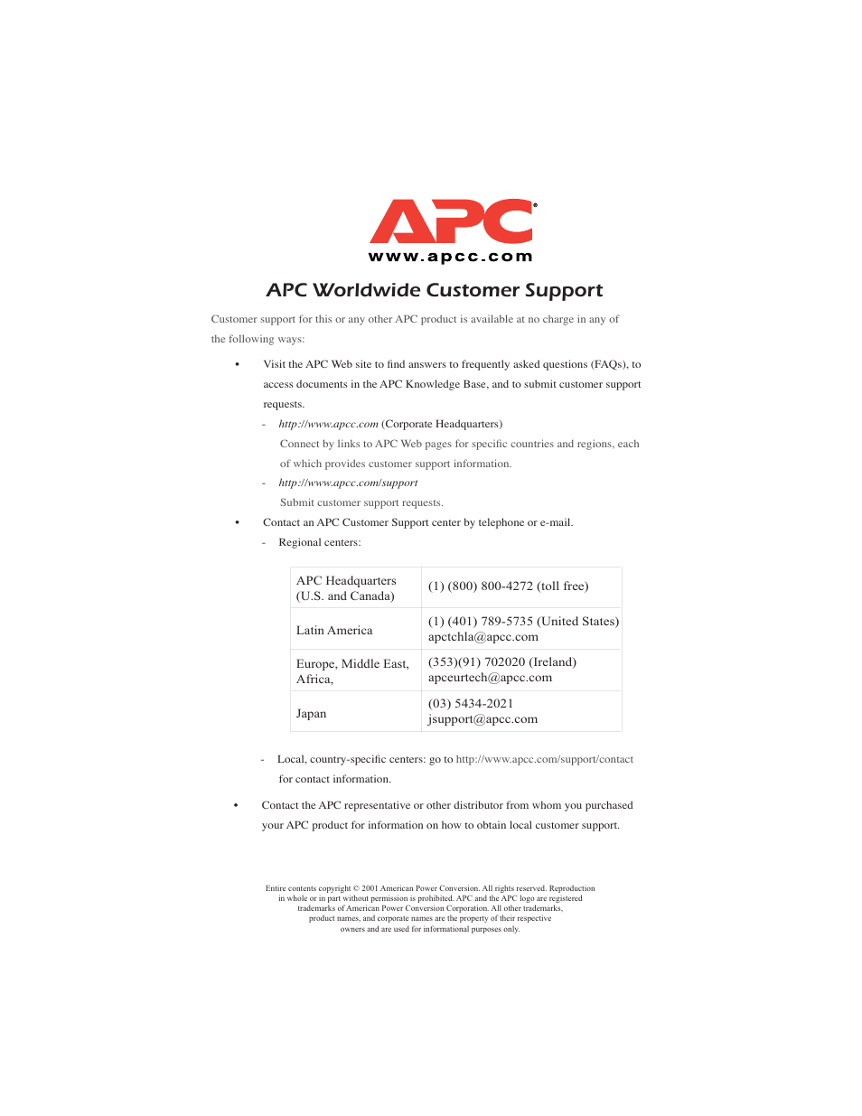 Apc worldwide customer support | APC AP9268 User Manual | Page 49 / 49