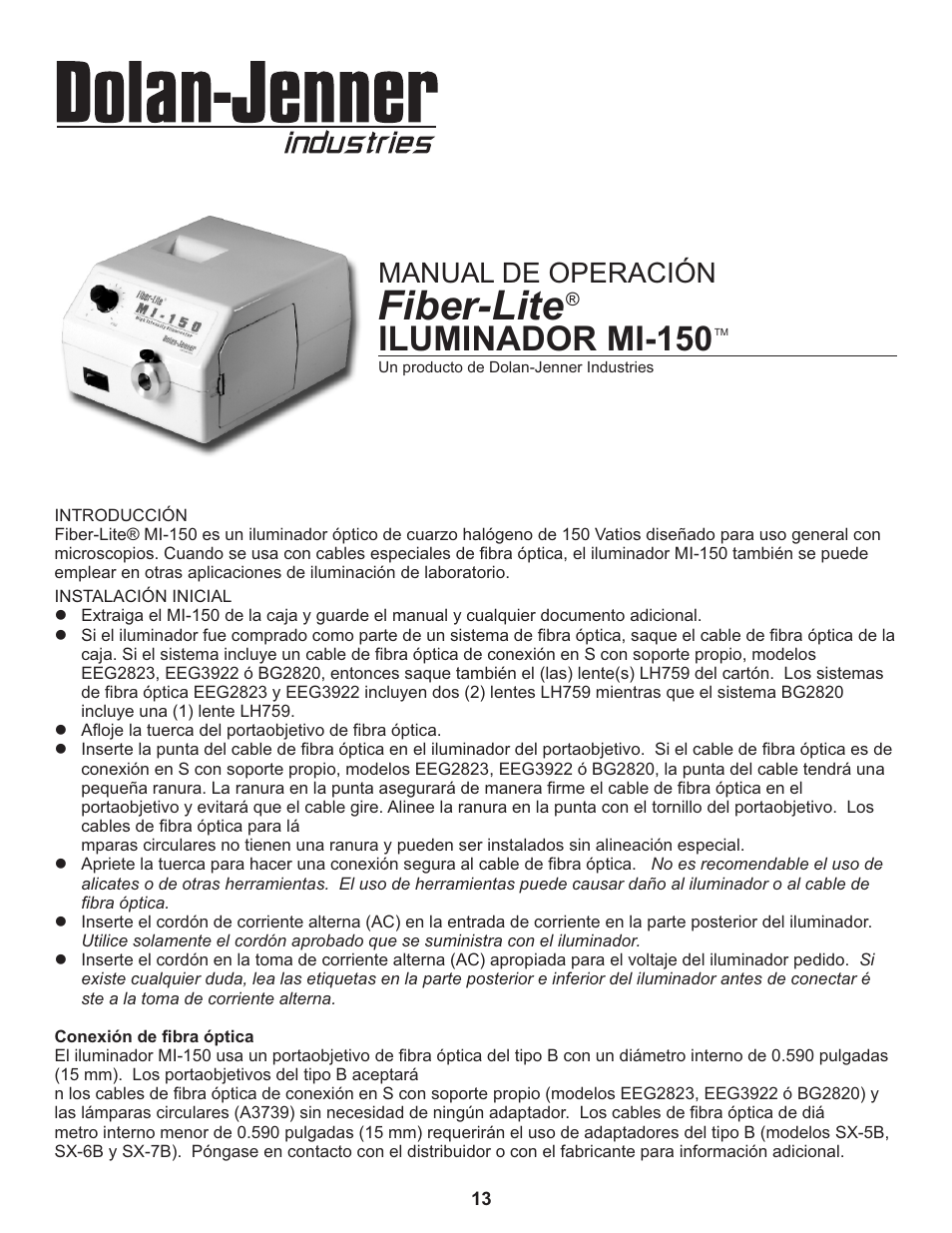 Iluminador mi-150, Fiber-lite, Manual de operación | Dolan-Jenner MI-157 User Manual | Page 13 / 16