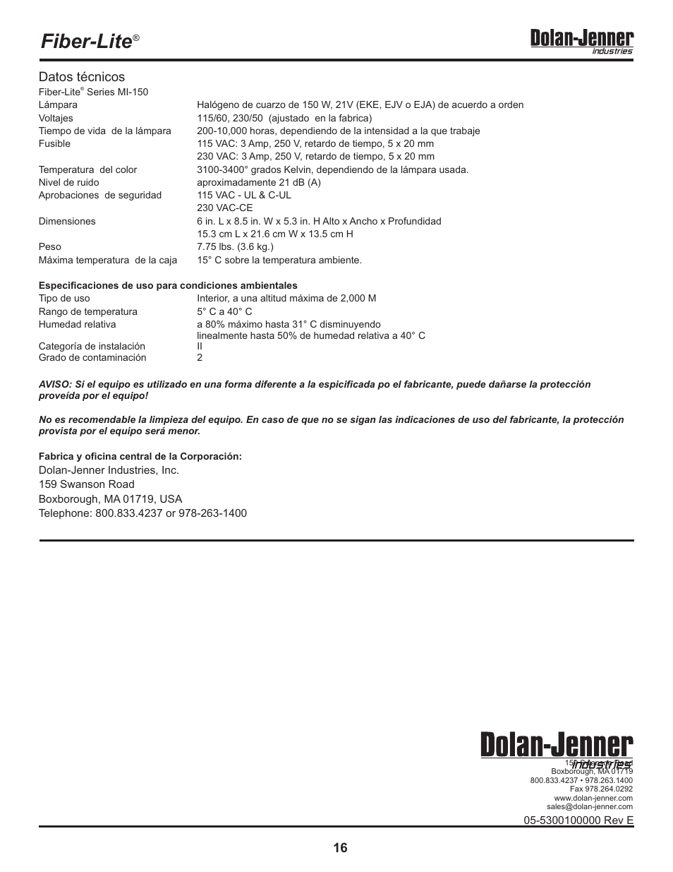 Fiber-lite, 16 datos técnicos | Dolan-Jenner MI-157 User Manual | Page 16 / 16