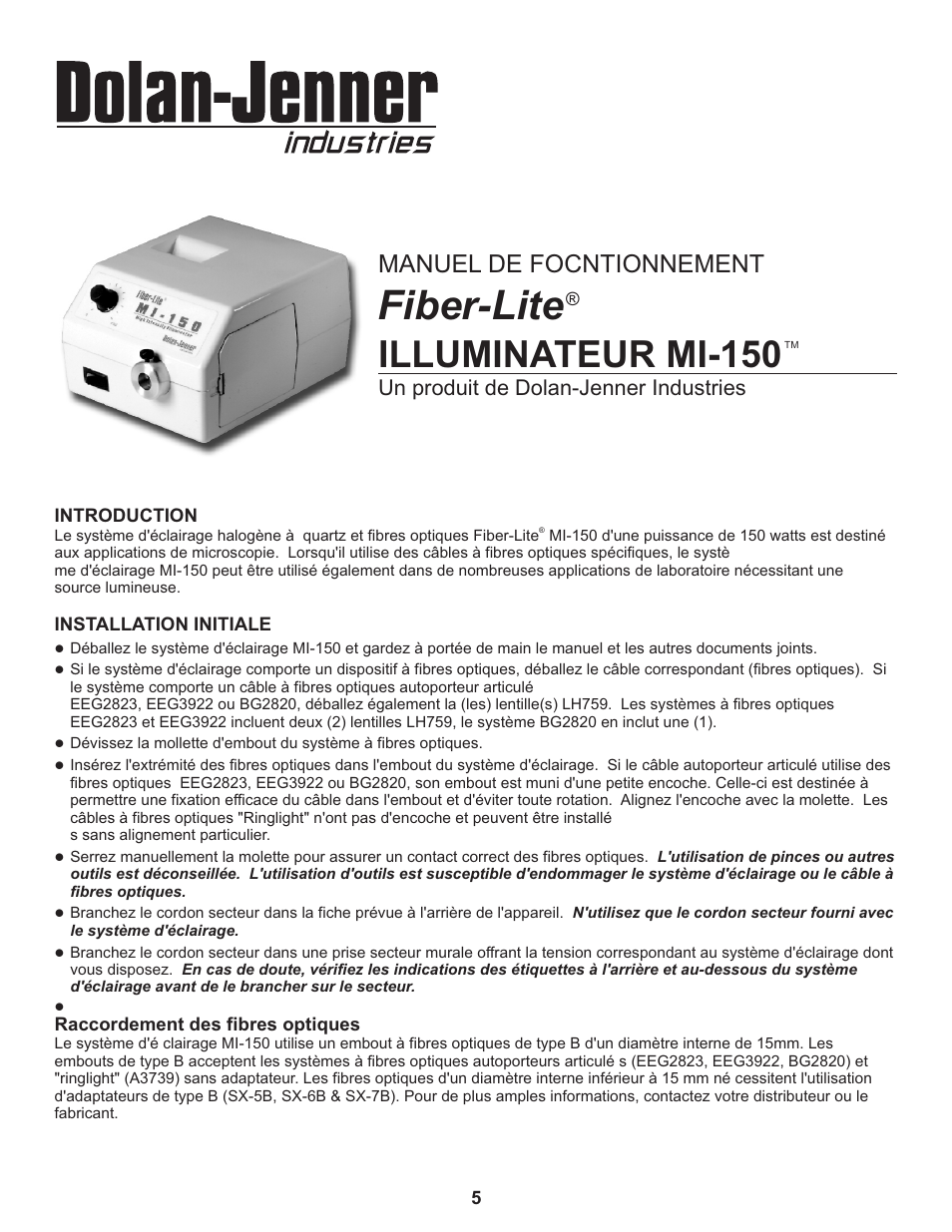 Illuminateur mi-150, Fiber-lite, Manuel de focntionnement | Un produit de dolan-jenner industries | Dolan-Jenner MI-157 User Manual | Page 5 / 16
