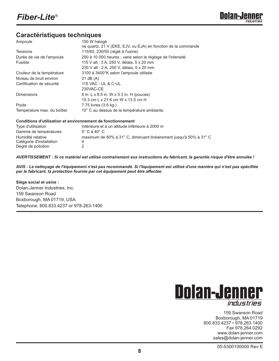 Mi-150 illuminatoren, Fiber-lite, Caractéristiques techniques | Einführung, Inbetriebnahme, Bedienungs-anleitung | Dolan-Jenner MI-157 User Manual | Page 8 / 16