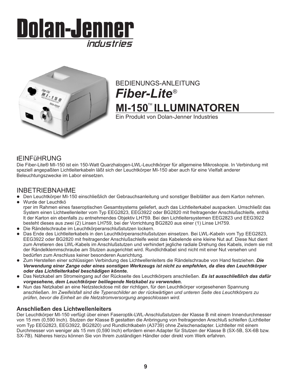Mi-150 illuminatoren, Fiber-lite, Caractéristiques techniques | Einführung, Inbetriebnahme, Bedienungs-anleitung | Dolan-Jenner MI-157 User Manual | Page 9 / 16