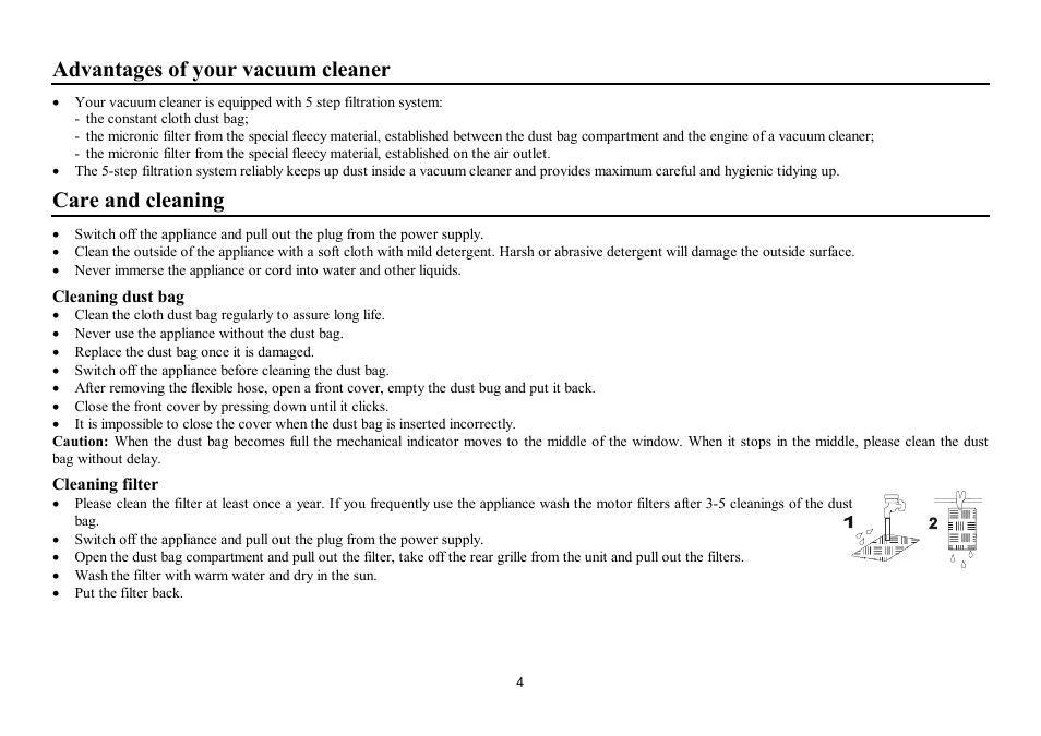 Advantages of your vacuum cleaner, Care and cleaning | Hyundai H-VC1083 User Manual | Page 4 / 9