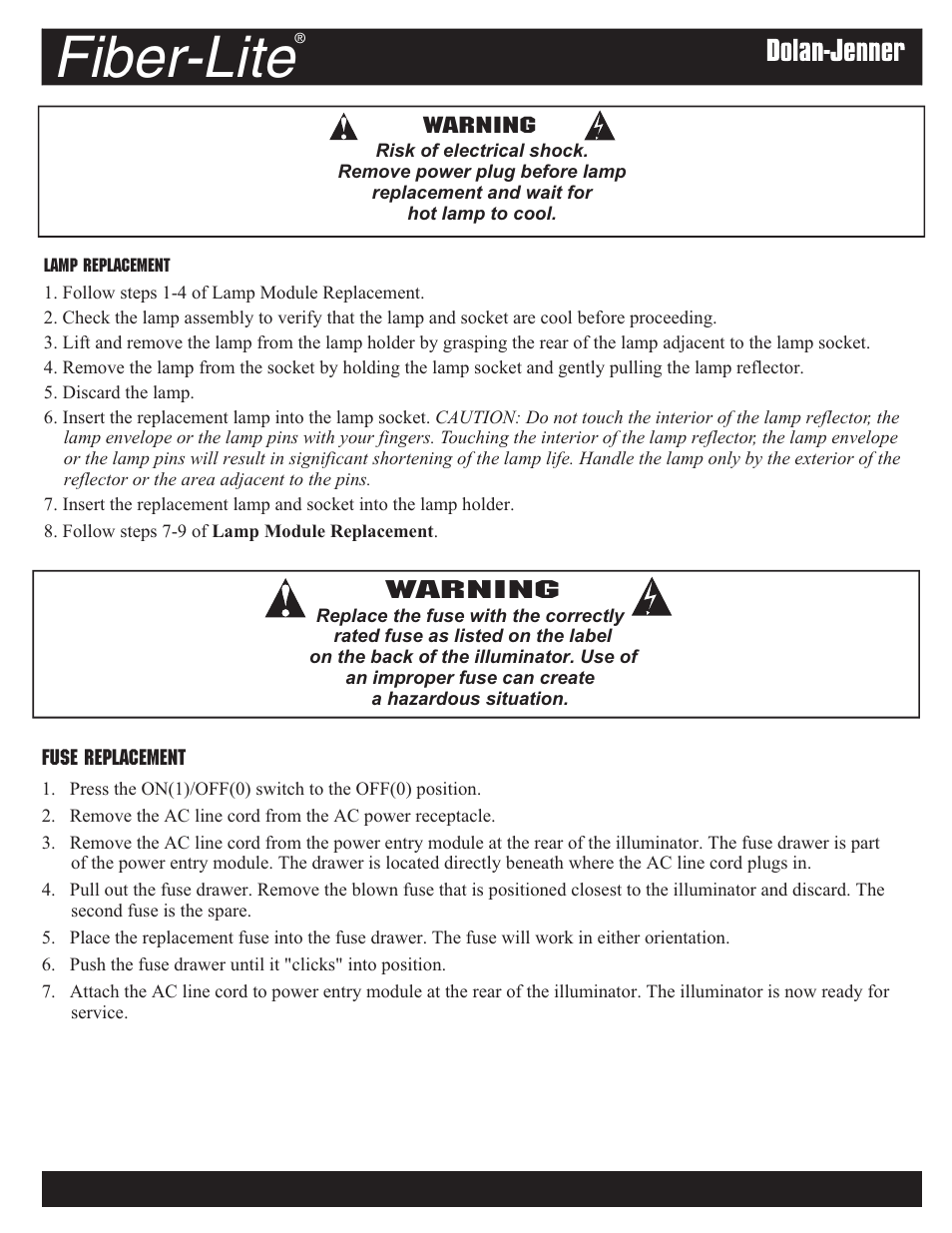 Fiber-lite, Warning | Dolan-Jenner PL900 User Manual | Page 6 / 8
