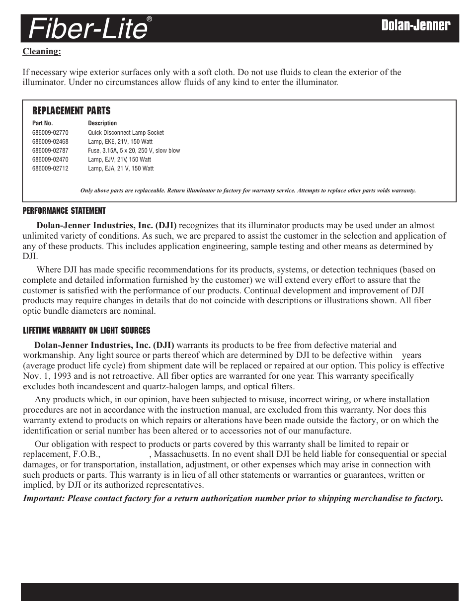 Fiber-lite, Replacement parts | Dolan-Jenner PL900 User Manual | Page 7 / 8