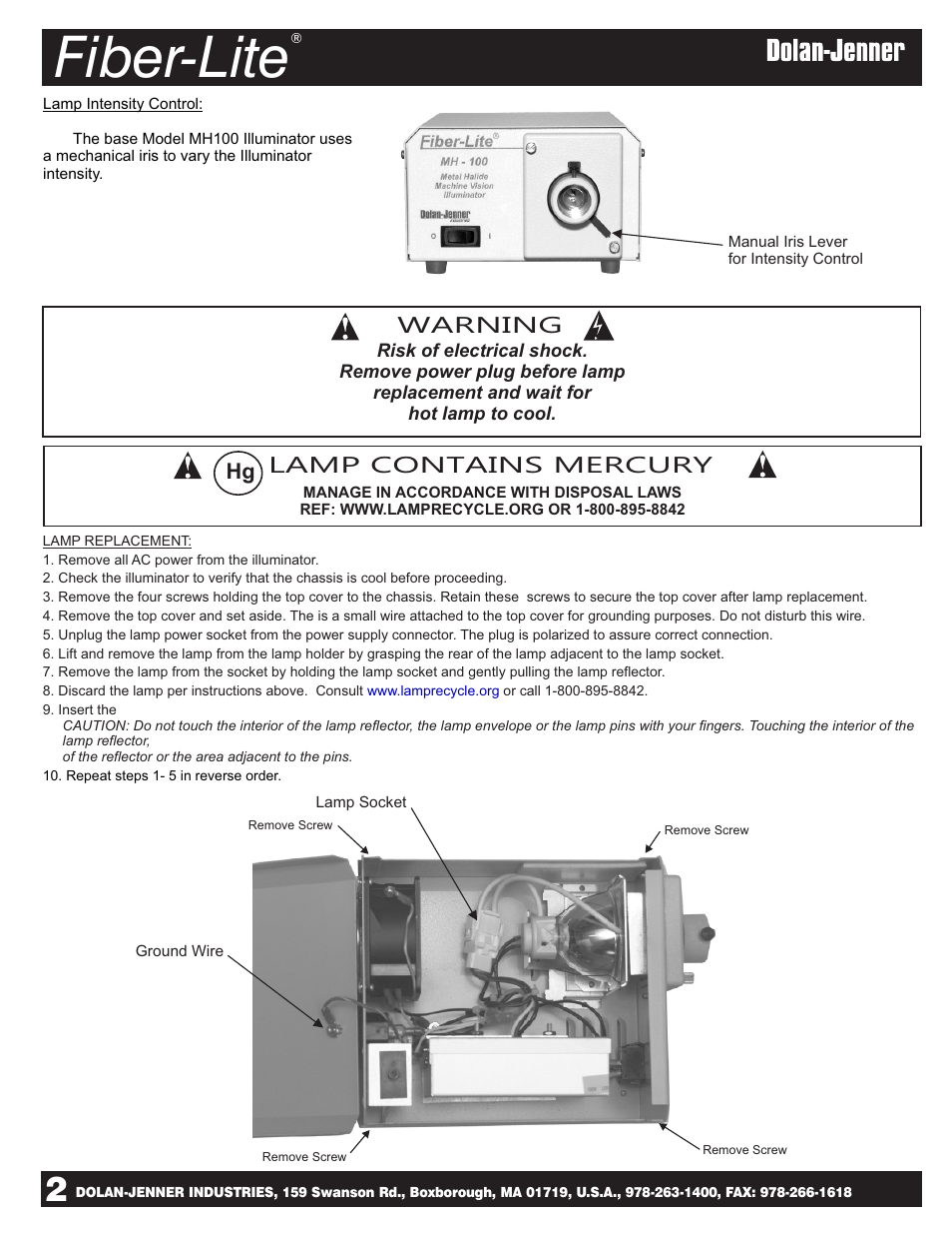 Fiber-lite, Warning, Lamp contains mercury | Dolan-Jenner MH100 User Manual | Page 2 / 4