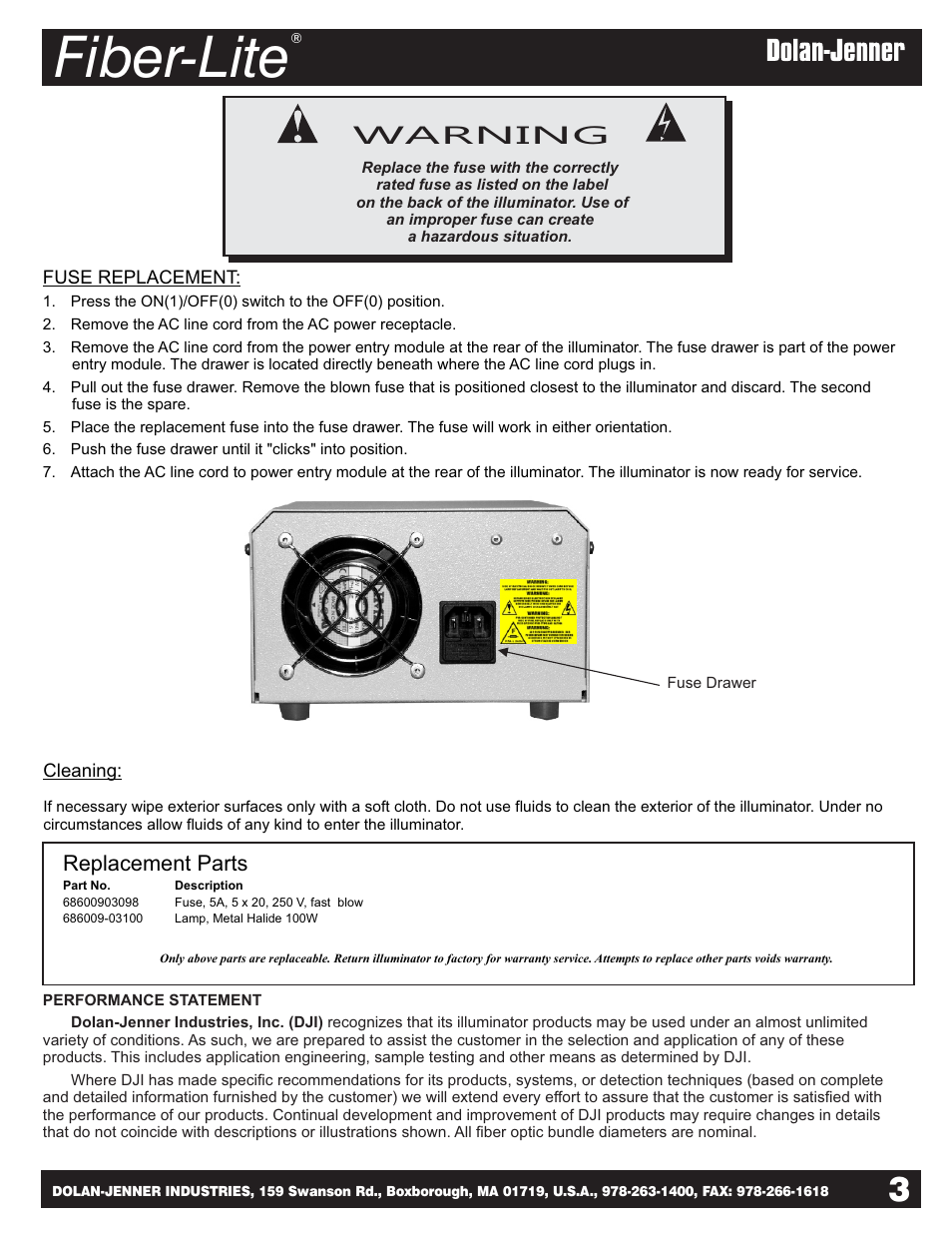 Fiber-lite, Warning, Replacement parts | Dolan-Jenner MH100 User Manual | Page 3 / 4