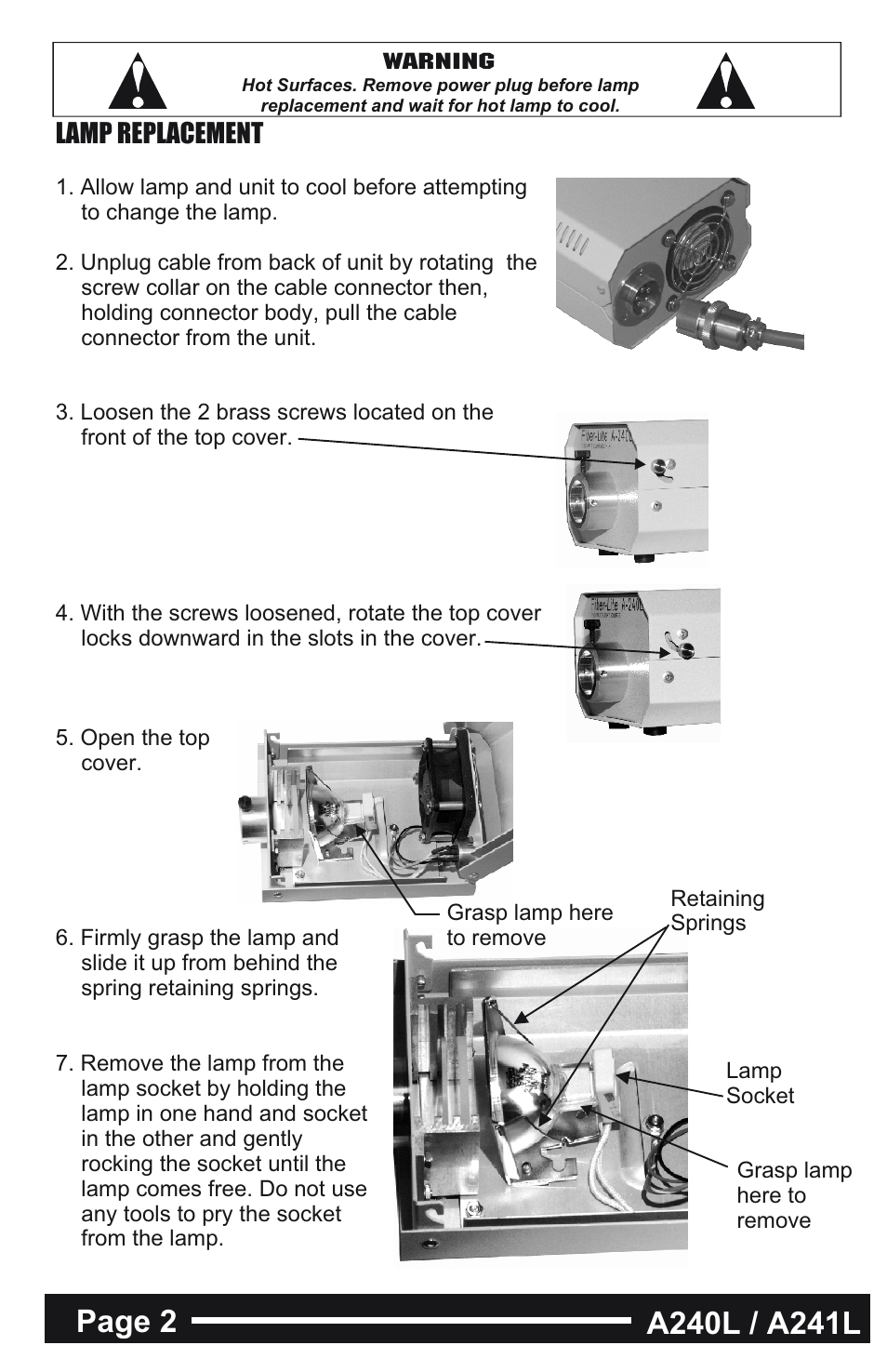 Lamp replacement, Lifetime warranty on light sources | Dolan-Jenner A241L User Manual | Page 2 / 4