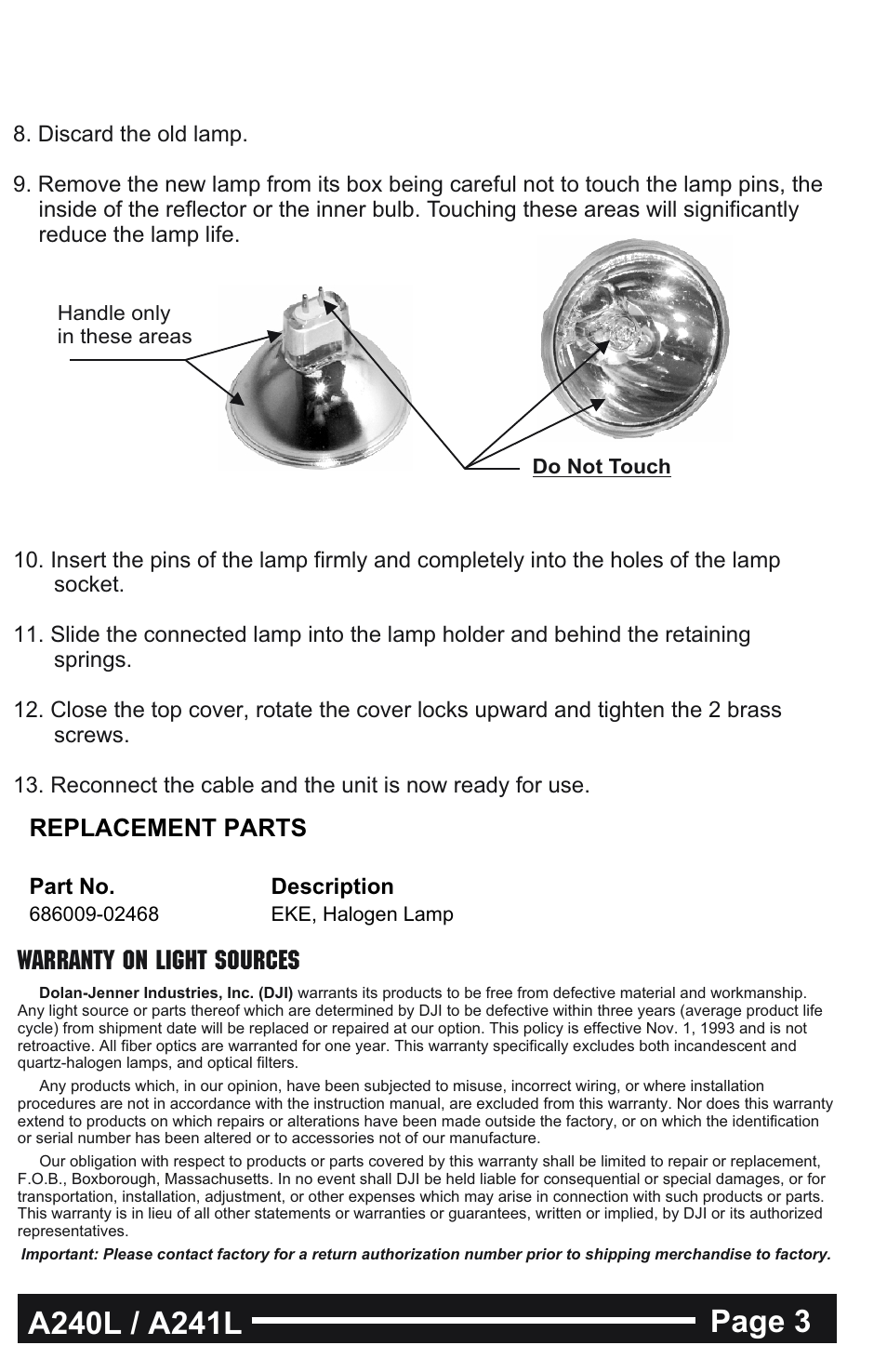 Lamp replacement, Warranty on light sources | Dolan-Jenner A241L User Manual | Page 3 / 4