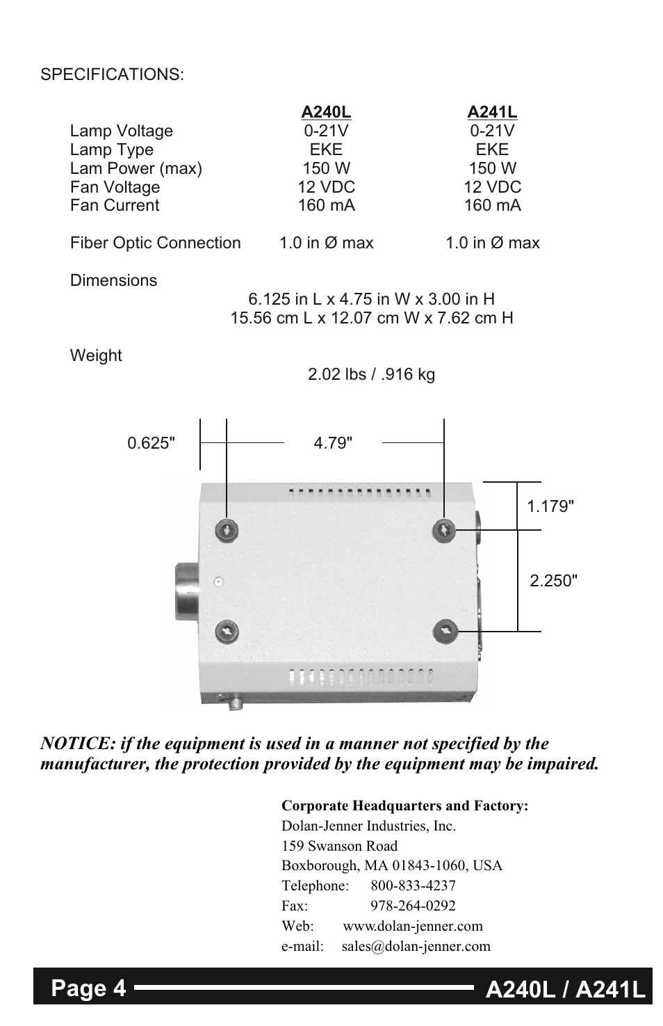 Dolan-Jenner A241L User Manual | Page 4 / 4