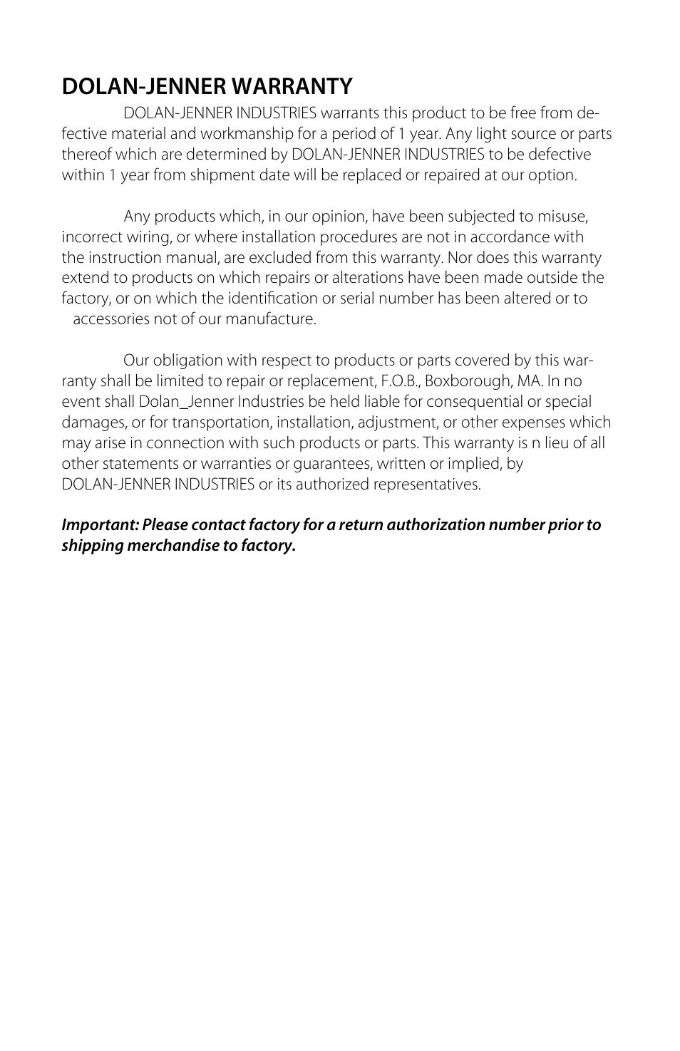 Dolan-jenner warranty | Dolan-Jenner LMI-6000 User Manual | Page 2 / 12