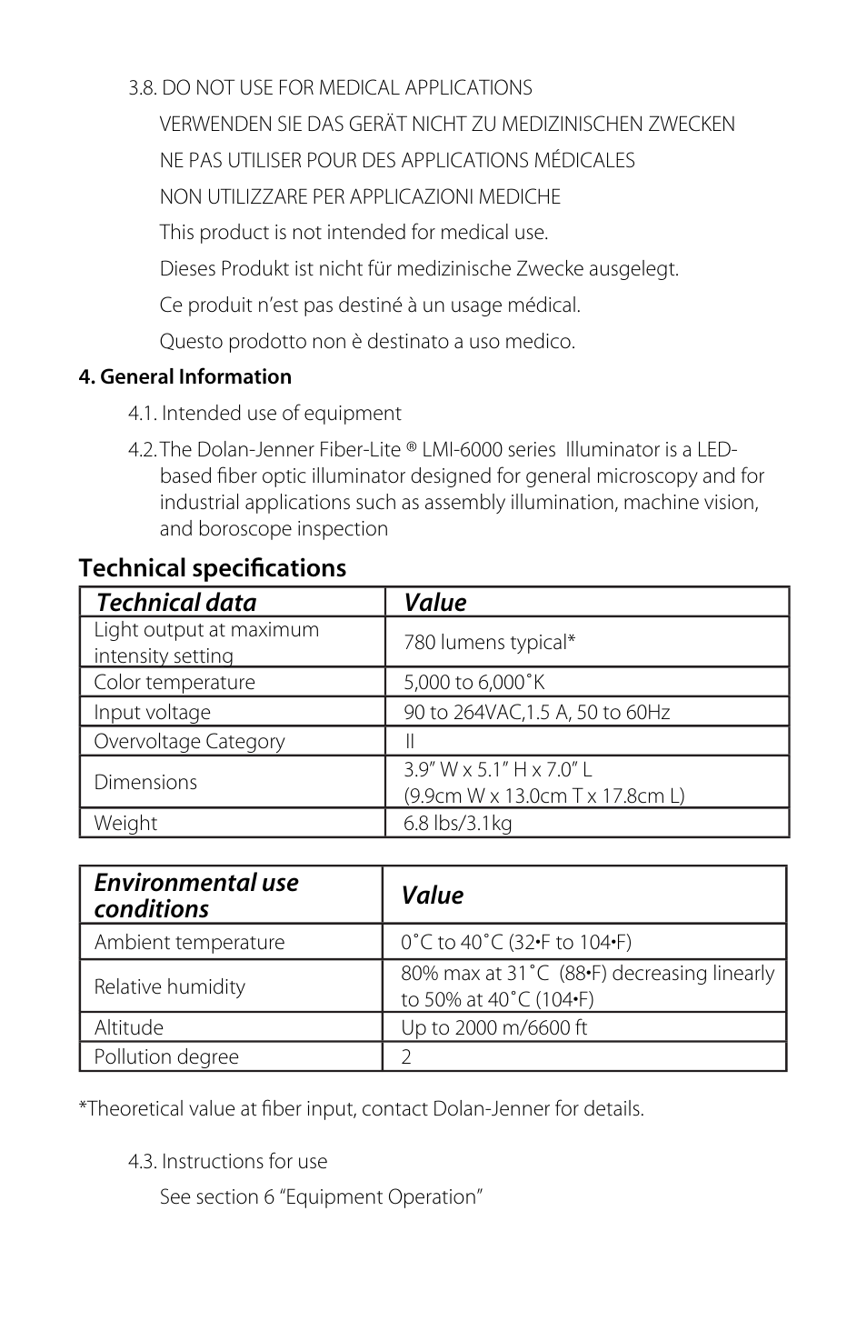 Technical speciﬁ cations technical data value, Environmental use conditions value | Dolan-Jenner LMI-6000 User Manual | Page 7 / 12