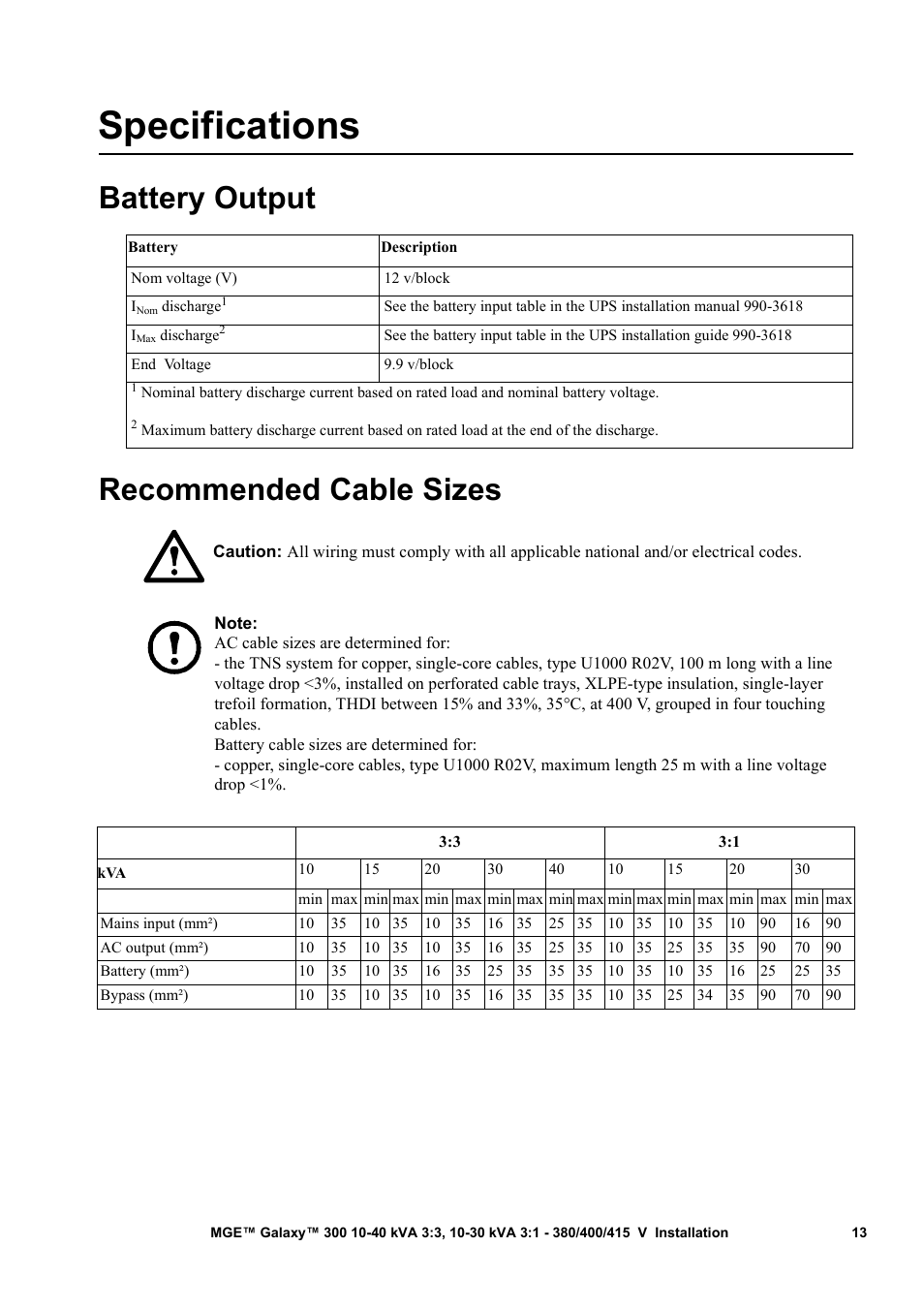 Specifications, Battery output, Recommended cable sizes | Battery output recommended cable sizes | APC MGE 300 User Manual | Page 17 / 28
