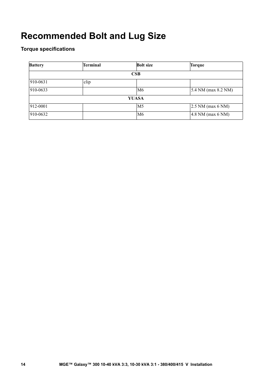 Recommended bolt and lug size, Torque specifications | APC MGE 300 User Manual | Page 18 / 28