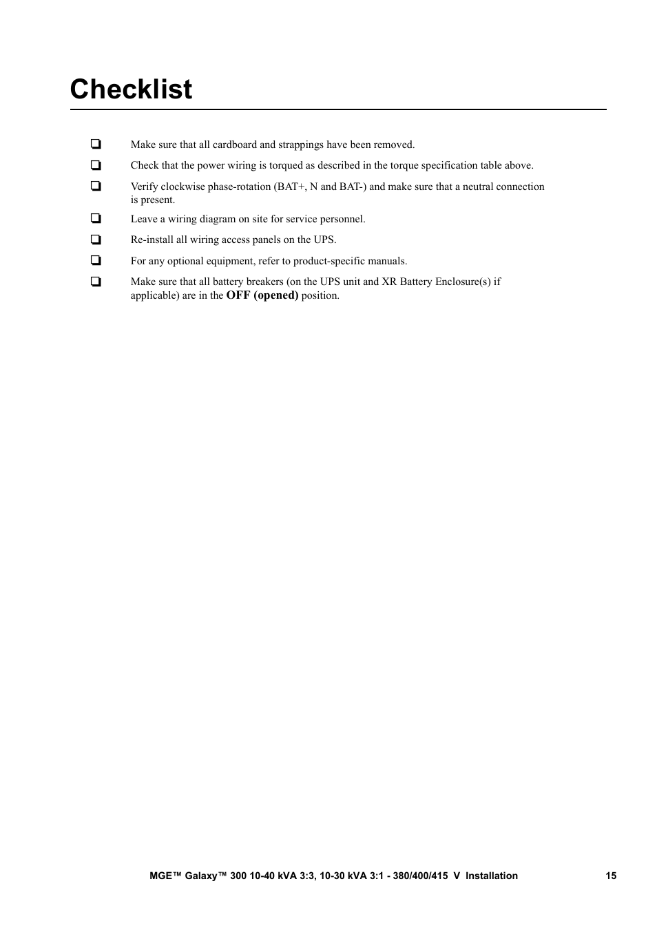 Checklist | APC MGE 300 User Manual | Page 19 / 28