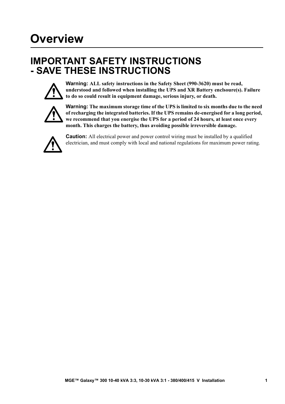 Overview, Important safety instructions, Save these instructions | APC MGE 300 User Manual | Page 5 / 28