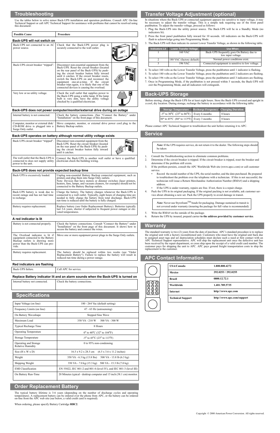 Service, Warranty, Apc contact information | Troubleshooting, Specifications, Back-ups storage, Order replacement battery, Transfer voltage adjustment (optional) | APC CS 500 User Manual | Page 2 / 2