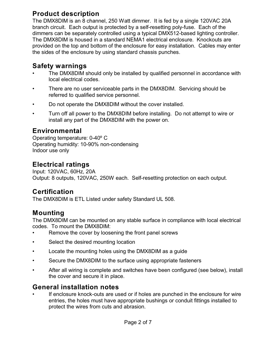 Product description, Safety warnings, Environmental | Electrical ratings, Certification, Mounting | Doug Fleenor Design DMX8DIM User Manual | Page 2 / 7