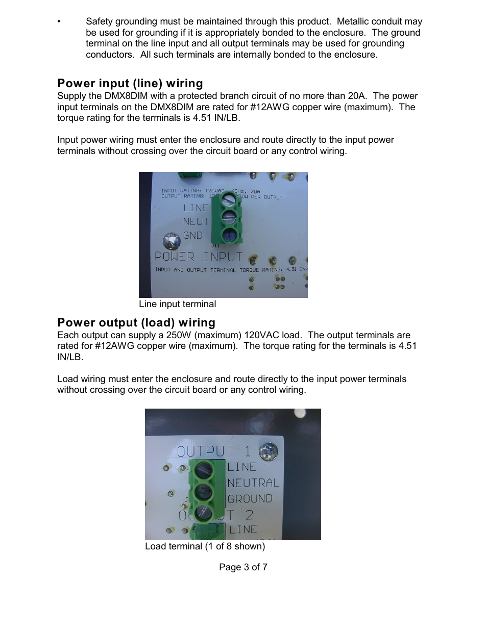 Power input (line) wiring, Power output (load) wiring | Doug Fleenor Design DMX8DIM User Manual | Page 3 / 7