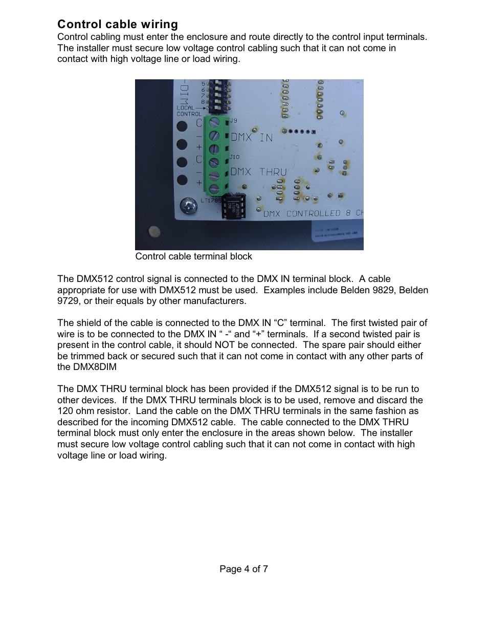 Control cable wiring | Doug Fleenor Design DMX8DIM User Manual | Page 4 / 7