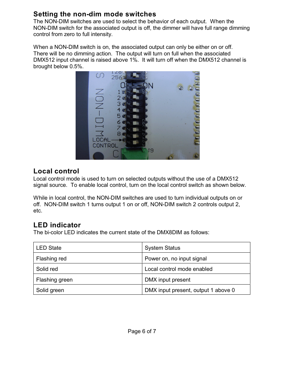 Setting the non-dim mode switches, Local control, Led indicator | Doug Fleenor Design DMX8DIM User Manual | Page 6 / 7