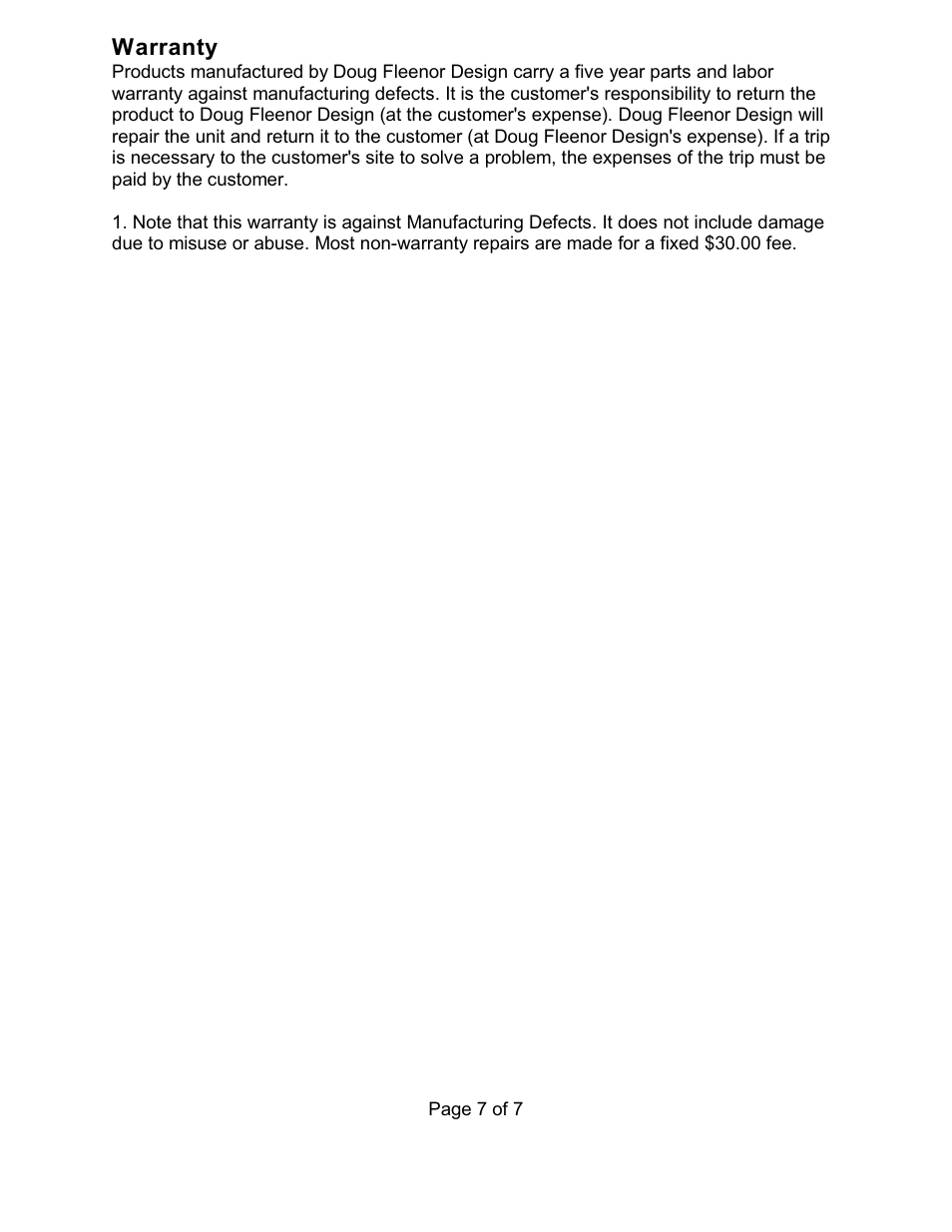 Warranty | Doug Fleenor Design DMX8DIM User Manual | Page 7 / 7