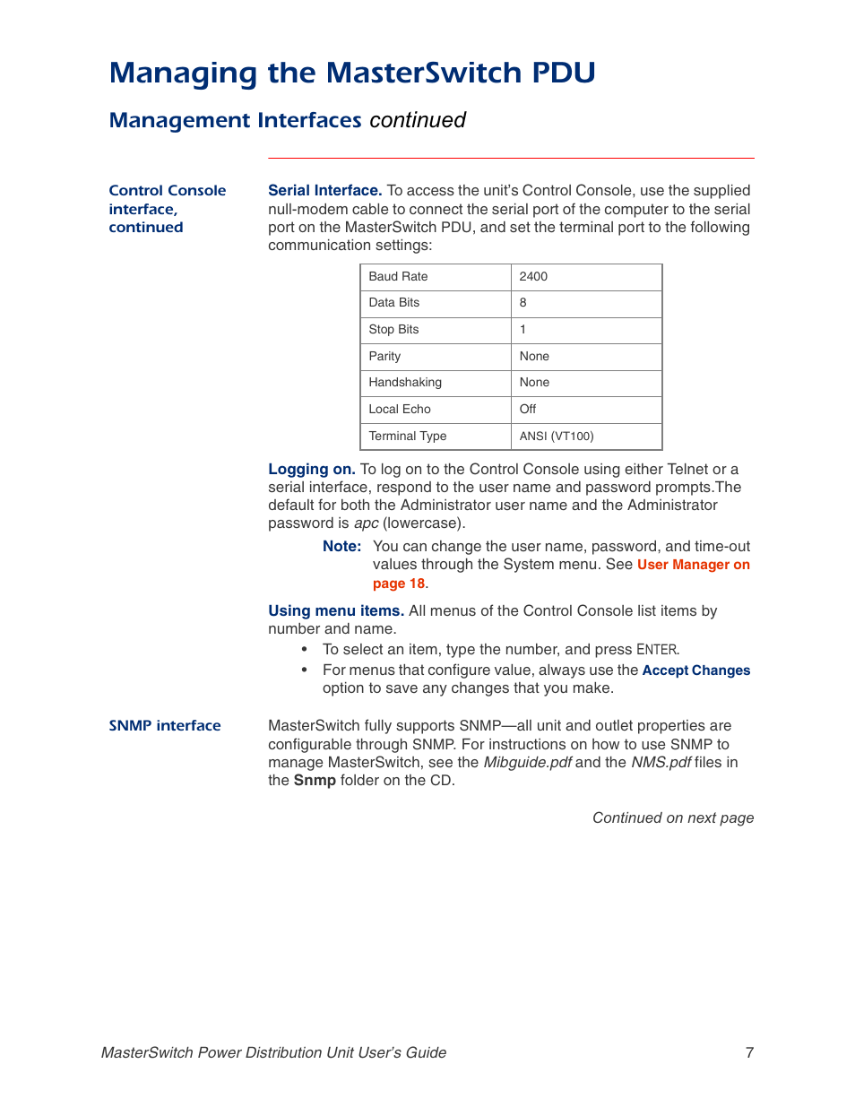 Snmp interface, Managing the masterswitch pdu, Management interfaces continued | APC AP9211 User Manual | Page 11 / 57