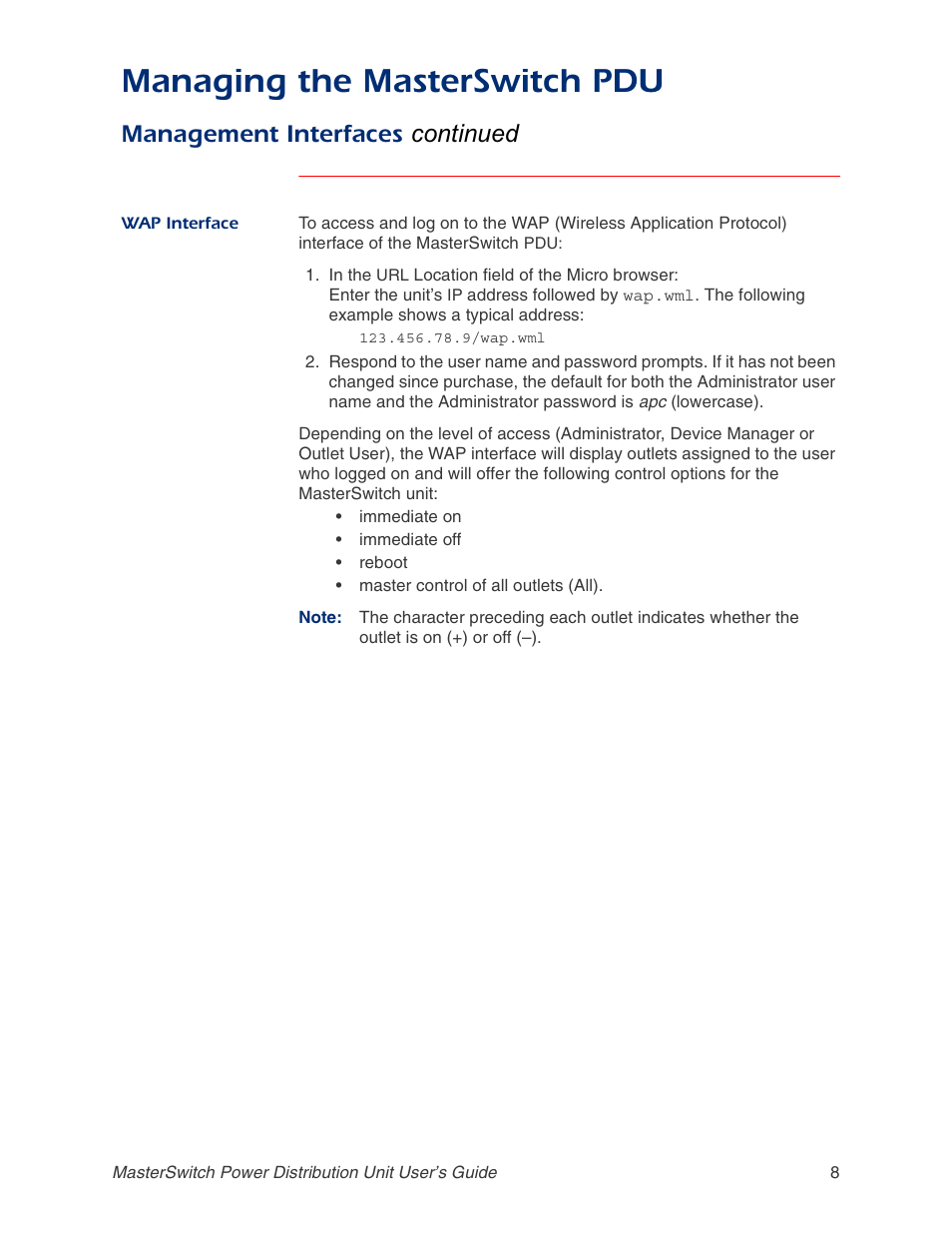 Wap interface, Managing the masterswitch pdu, Management interfaces continued | APC AP9211 User Manual | Page 12 / 57