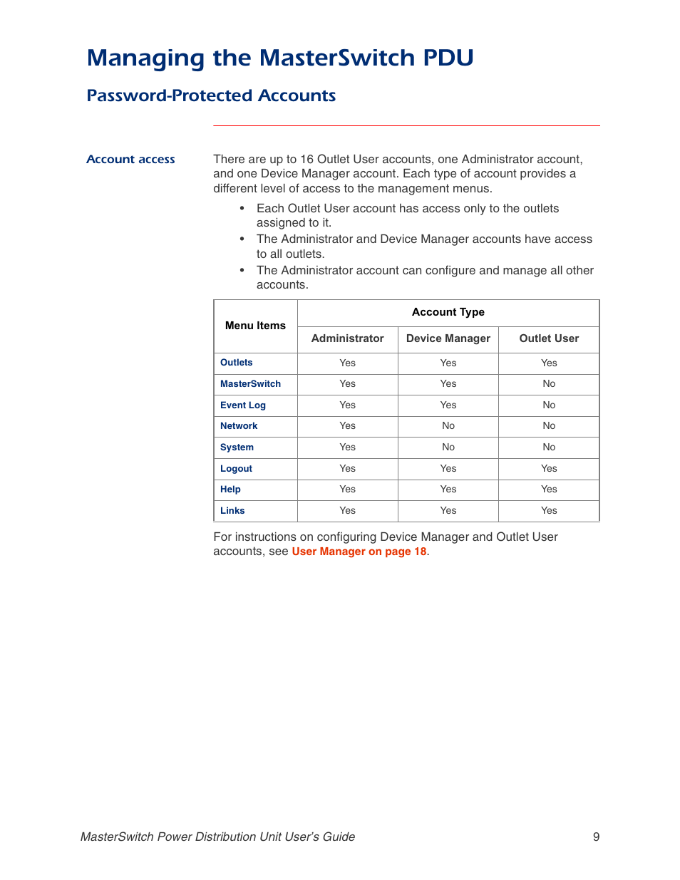 Password-protected accounts, Account access, Managing the masterswitch pdu | APC AP9211 User Manual | Page 13 / 57