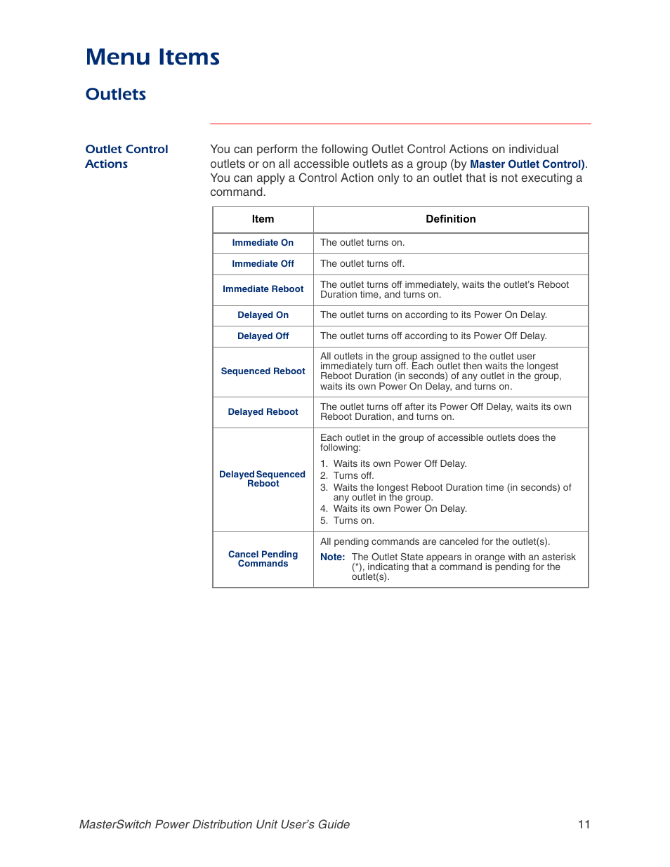 Outlets, Outlet control actions, Menu items | APC AP9211 User Manual | Page 15 / 57