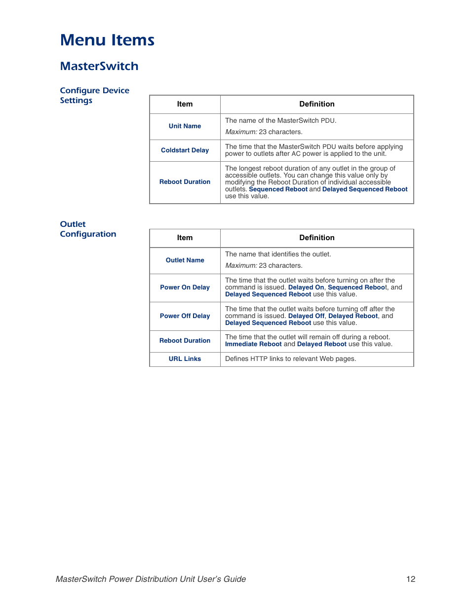 Masterswitch, Configure device settings, Outlet configuration | Menu items | APC AP9211 User Manual | Page 16 / 57