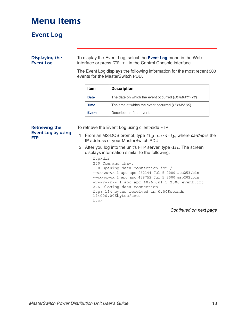 Event log, Displaying the event log, Retrieving the event log by using ftp | Menu items | APC AP9211 User Manual | Page 17 / 57