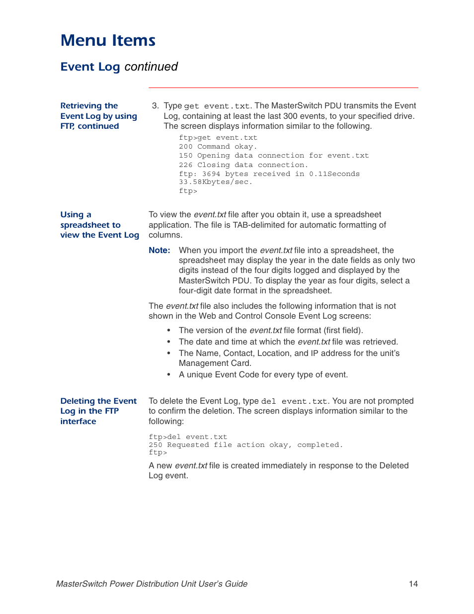 Using a spreadsheet to view the event log, Deleting the event log in the ftp interface, Menu items | Event log continued | APC AP9211 User Manual | Page 18 / 57