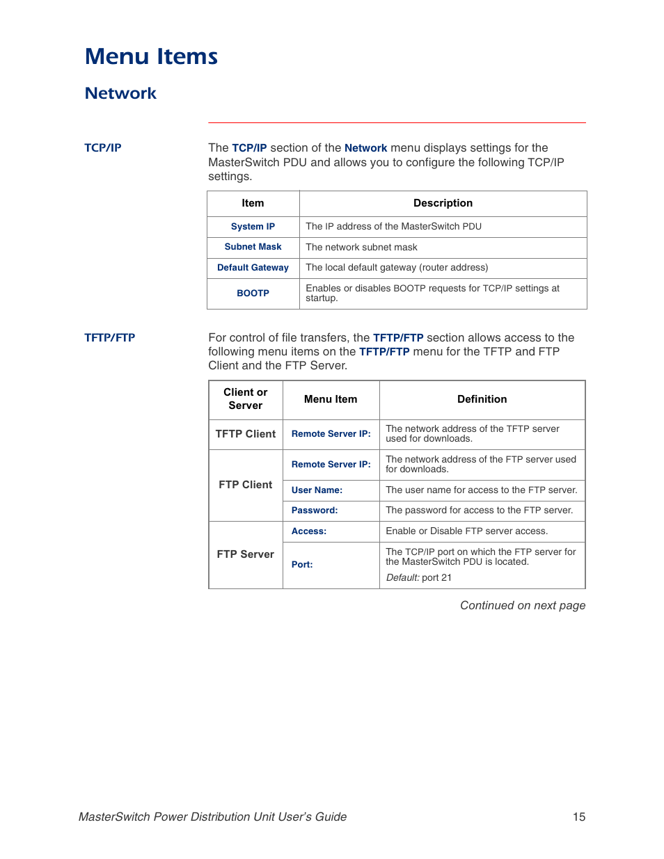 Network, Tcp/ip, Tftp/ftp | And see the, Menu items | APC AP9211 User Manual | Page 19 / 57