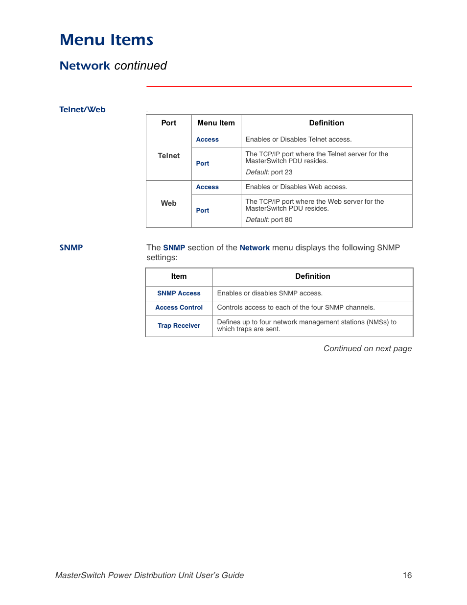 Telnet/web, Snmp, Menu items | Network continued | APC AP9211 User Manual | Page 20 / 57