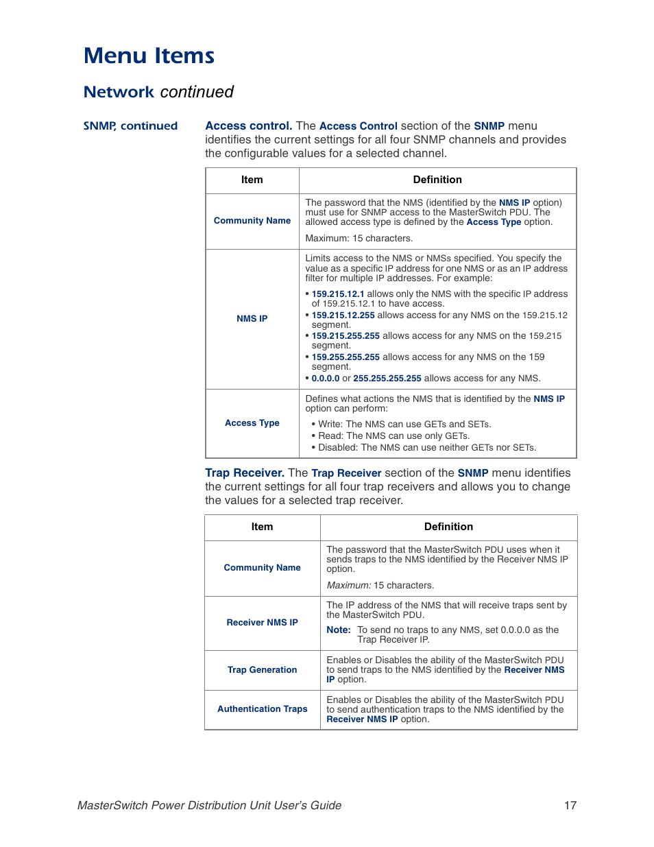 Menu items, Network continued | APC AP9211 User Manual | Page 21 / 57