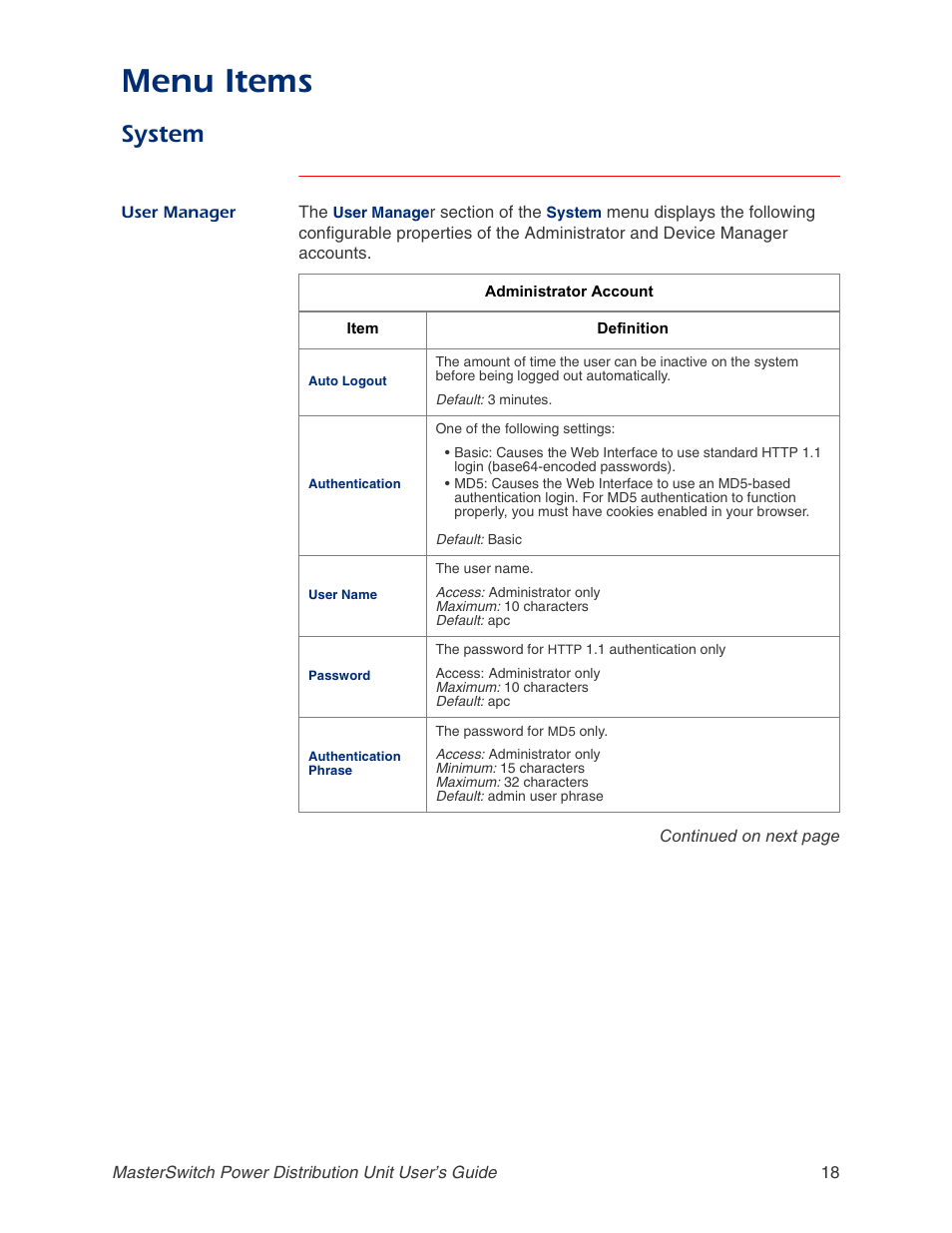 System, User manager, User | User manager on, Menu items | APC AP9211 User Manual | Page 22 / 57